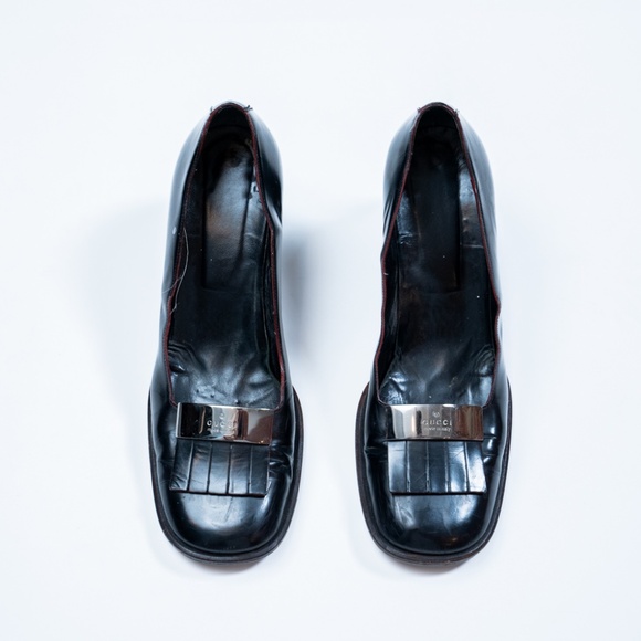 Vintage Gucci Leather Square Toe Pumps Block Heel Size 9.5B - Picture 1 of 7